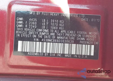 2013 Subaru Legacy 2.5I Premium from USA, damaged, VIN 4S3BMCB66D3030639
